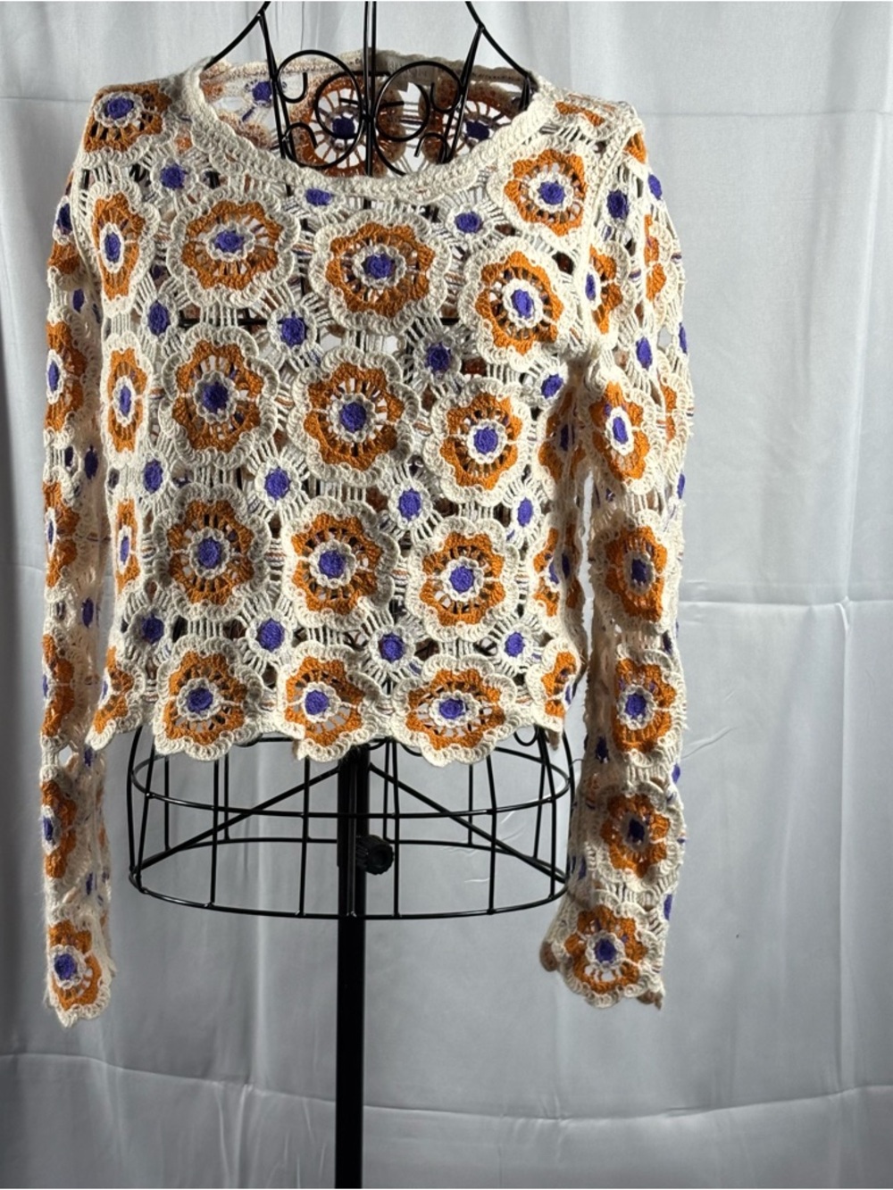 Open-Knit Floral Crochet Sweater - Cream, Orange & Purple